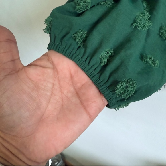Boho Swiss Dot Pom Pom Long Sleeve Blouse Dark Teal Green Size Large - Picture 7 of 8